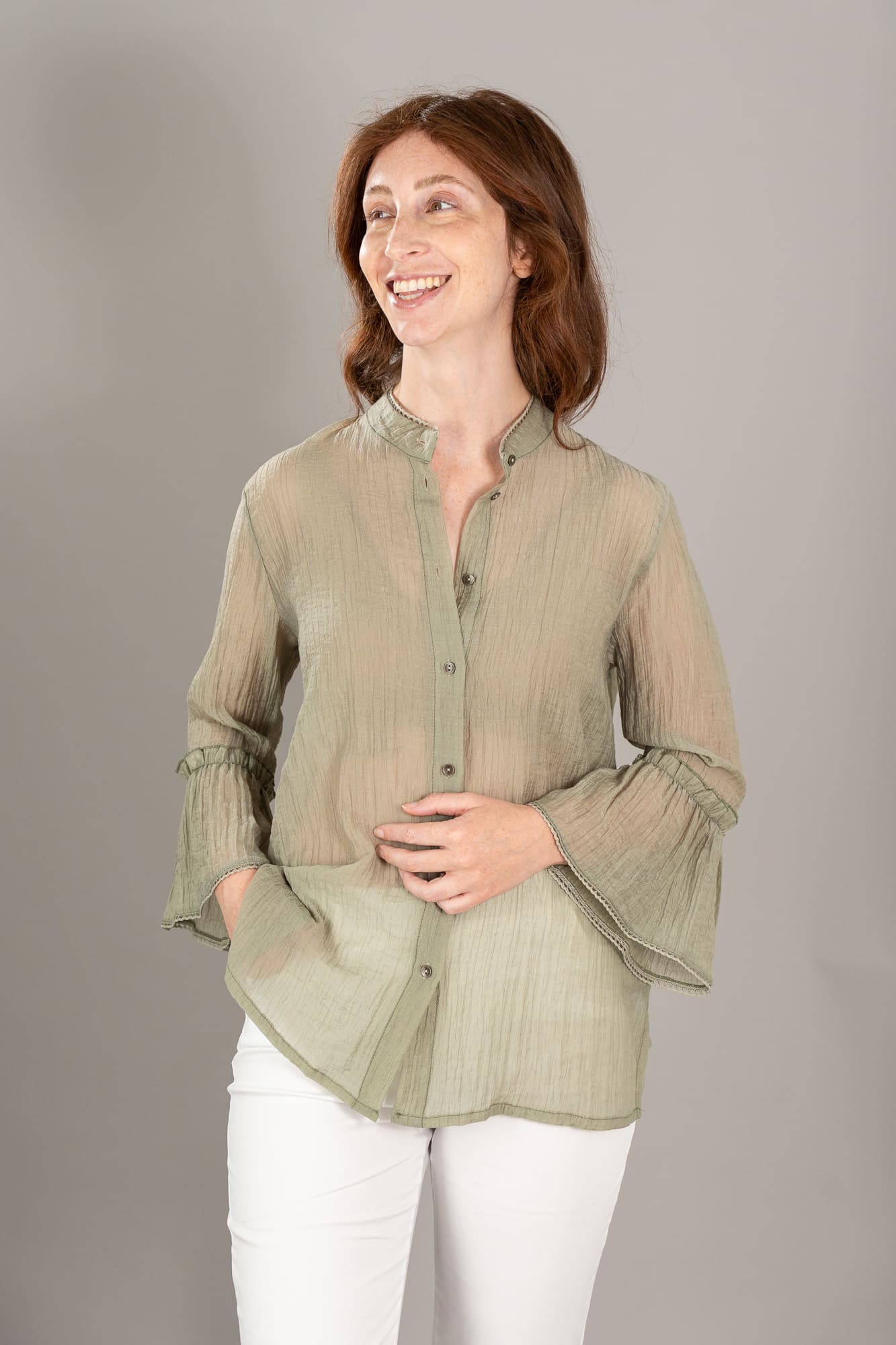 Camicia coreana romantica goffrata colore salvia-1 Camicia coreana romantica goffrata colore salvia-1