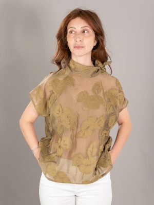 Top con fiocco romantica fiore ricamo colore oliva-1